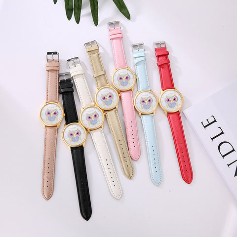 Causal Leather Band Wrist Watch with Owl Print