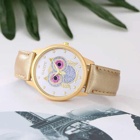 Causal Leather Band Wrist Watch with Owl Print