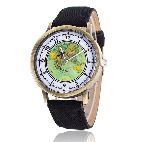 Travel Map Casual Wrist Watch with Denim Band