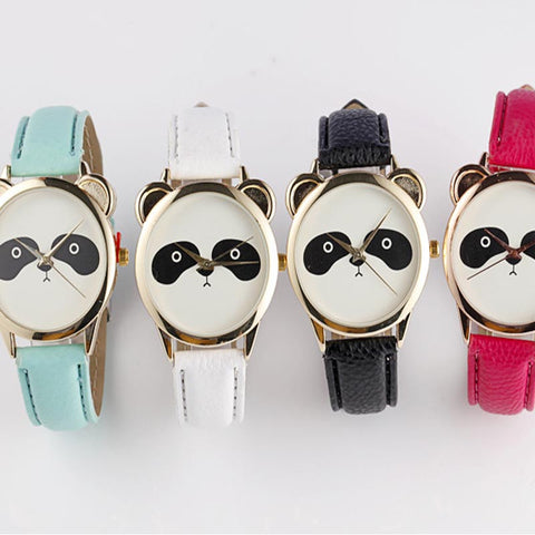 Panda Face Wrist Watch with Leather Band