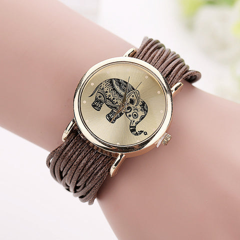 Leather Bracelet Watches with Elephant Print