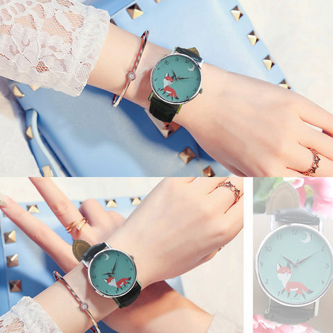 Retro Leather Band Wrist Watch with Fox Print