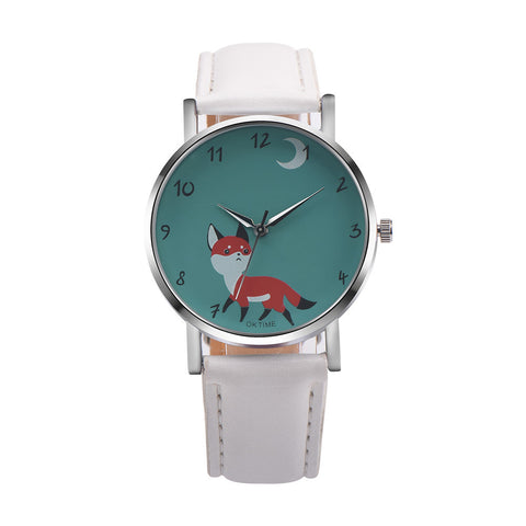 Retro Leather Band Wrist Watch with Fox Print