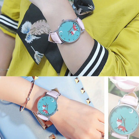 Retro Leather Band Wrist Watch with Fox Print