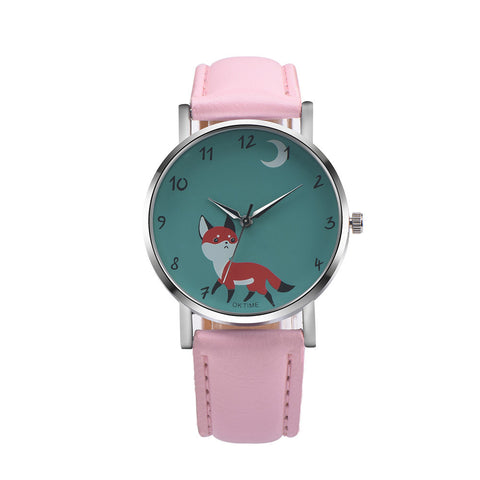 Retro Leather Band Wrist Watch with Fox Print