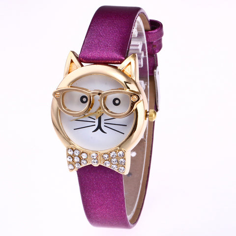 Cat Pattern Analog Watch with Rhinestones