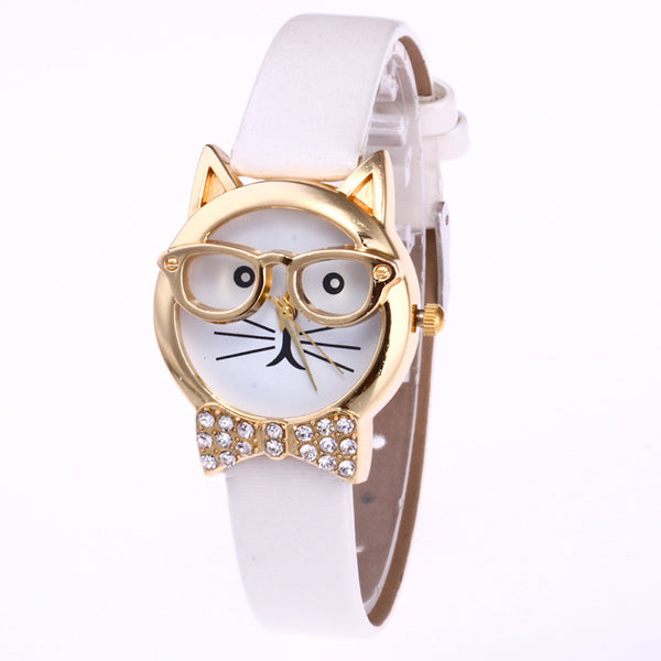 Cat Pattern Analog Watch with Rhinestones