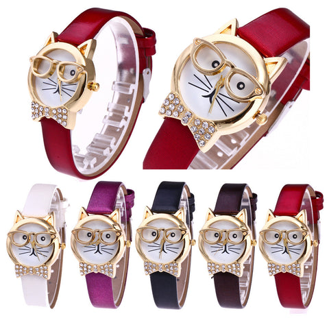 Cat Pattern Analog Watch with Rhinestones