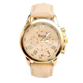 Classic Leather Banded Watch with Roman Numerals Dial Hour