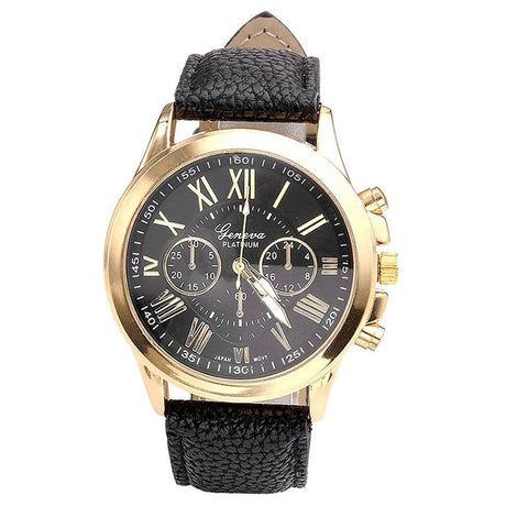 Classic Leather Banded Watch with Roman Numerals Dial Hour