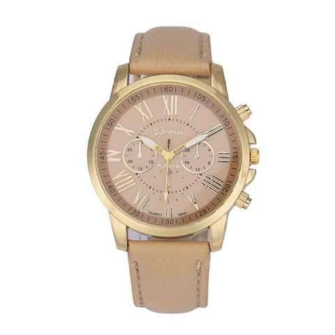 Classic Leather Banded Watch with Roman Numerals Dial Hour