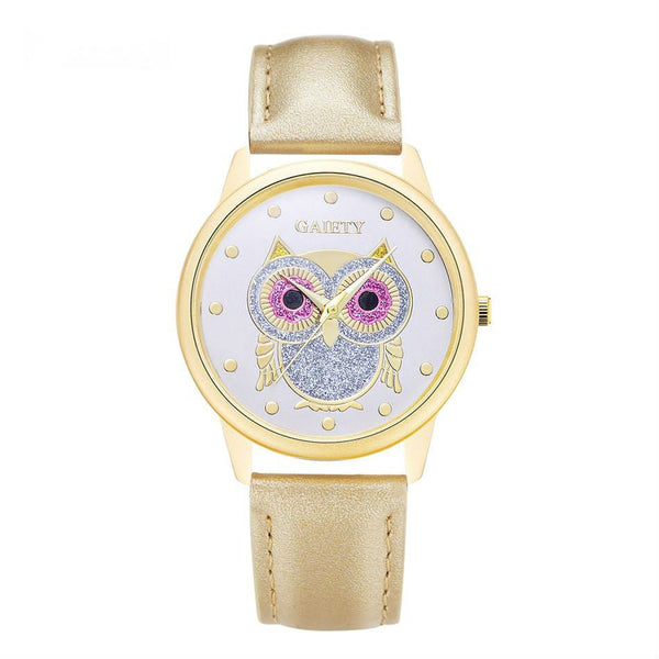 Causal Leather Band Wrist Watch with Owl Print