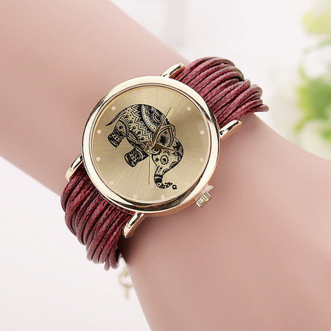 Leather Bracelet Watches with Elephant Print